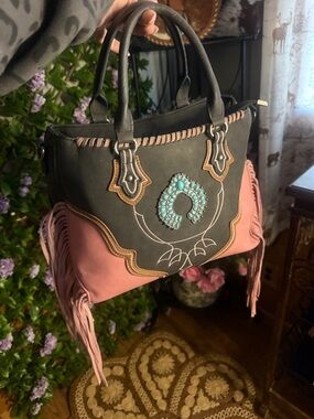 Montana West Black and Pink Fringe Shoulder Bag with Turquoise Stone Accent
